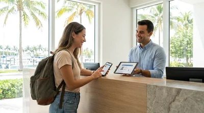 Hand holding a smartphone showing a digital driving licence at a car hire desk in Miami