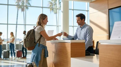 Person handing a driving license to a clerk at a Los Angeles car rental counter