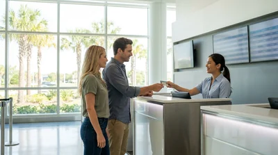 Customer receiving keys from an agent at an Orlando car rental desk