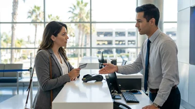 Traveler handing a debit card to an agent at a car hire counter in California