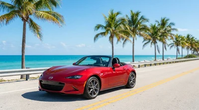 Silver car rental driving on a sunny coastal road in Florida surrounded by palm trees