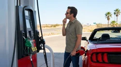 Person holding a fuel pump nozzle filling a silver car rental at a gas station in Texas