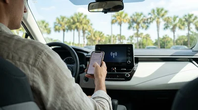 Driver using a smartphone near the dashboard screen of a car rental parked by palm trees in Orlando