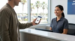 Customer showing a smartphone screen to an agent at a Los Angeles car rental desk
