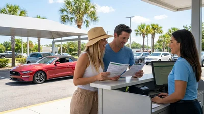A traveler receiving keys at a car rental desk inside an Orlando airport terminal