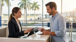 Close-up of hands holding a Spanish driving licence and keys at a Florida car hire desk