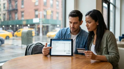 Person reviewing a car rental contract on a clipboard with the New York skyline in the background