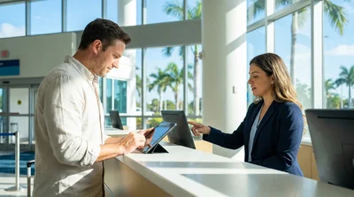 Customer receiving keys from an agent at a car rental desk in Florida