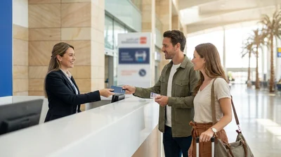 A customer handing a passport and documents to an agent at a car rental desk in Texas
