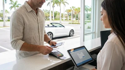 Customer handing a credit card to an agent at a Florida car hire desk