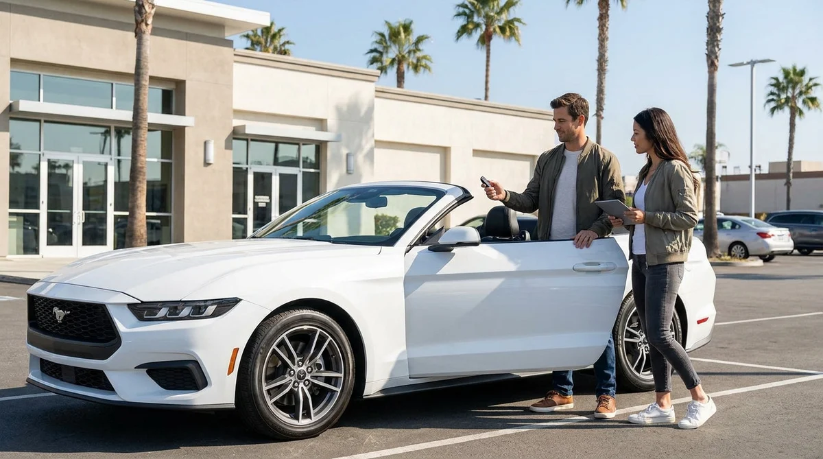 Hand holding a key fob next to the push start button of a car rental in Los Angeles