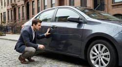 Close up of deep scratches on the side door of a car rental parked on a New York street