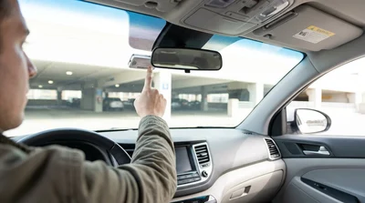 Driver checking an E-ZPass tag on the windshield of a car rental in New York