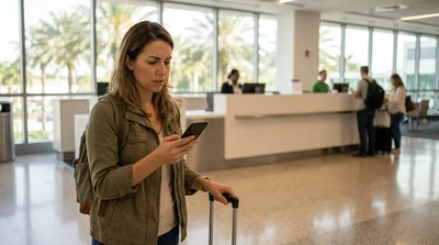 Person with luggage standing at a car rental counter in Miami International Airport