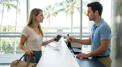 Customer presenting a passport and driving licence at a Florida car rental desk