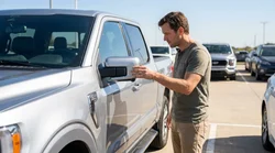 Driver inspecting the headlights and mirrors of a car rental in a Texas parking lot