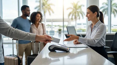 Customer handing a credit card to a service agent at a car hire desk in Miami