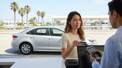 Close-up of a person holding a credit card at a car rental desk in California