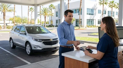 Customer handing a credit card to an agent at an Orlando car hire desk
