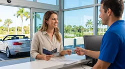 Person receiving keys at a car rental desk inside a Florida airport terminal