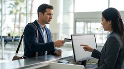 Person handing a credit card to an agent at a California car rental desk
