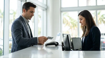 Person handing a credit card to a customer service agent at a Miami car rental desk