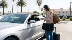 White car rental parked at a scenic viewpoint overlooking the ocean in California