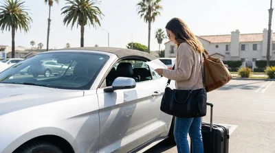 White car rental parked at a scenic viewpoint overlooking the ocean in California