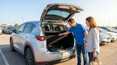 A person inspecting the interior of a white car rental in a Texas parking lot