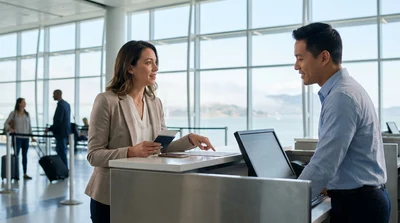Traveler with luggage receiving keys at a car rental counter inside San Francisco International Airport