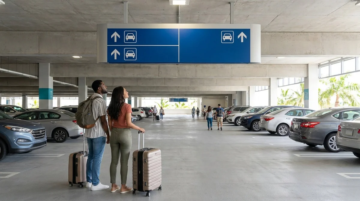 Cars driving toward the exit lanes of a Miami car rental facility