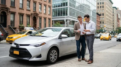 Silver car rental driving down a busy New York street alongside yellow taxis