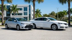 A white standard sedan and a black full-size car rental parked side by side on a bright sunny street in Miami