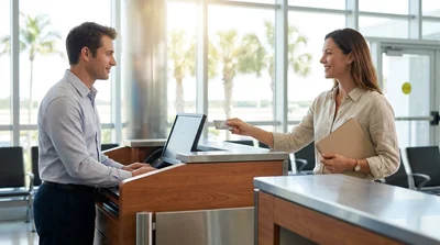Customer handing a credit card to an agent at a car hire desk in Florida