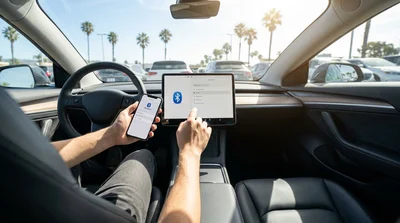 Driver holding a smartphone next to the digital dashboard screen inside a California car rental