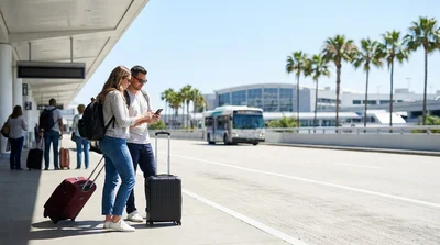 Traveler walking with luggage outside an airport terminal toward a car rental shuttle in Los Angeles