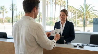 Customer handing a driving licence to an agent at a car hire counter in Florida