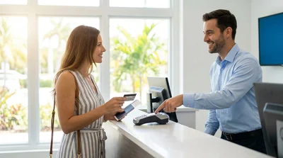 Close-up of a person handing a credit card to a car hire agent at a desk in Miami