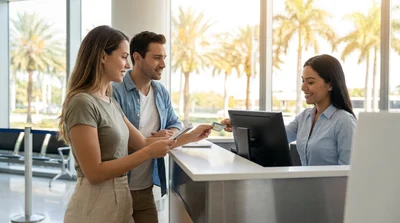 Customer handing a driving licence to an agent at a car hire desk in Miami
