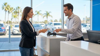 Person holding a credit card and keys standing next to a car hire in Los Angeles