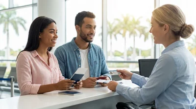 Customer presenting a driving licence to an agent at a car rental desk in Florida