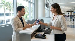 Traveler showing a smartphone screen to a staff member at a Miami Airport car rental desk