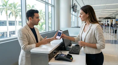 Traveler showing a smartphone screen to a staff member at a Miami Airport car rental desk