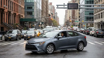 A white car rental driving through congested traffic on a busy New York street with tall buildings