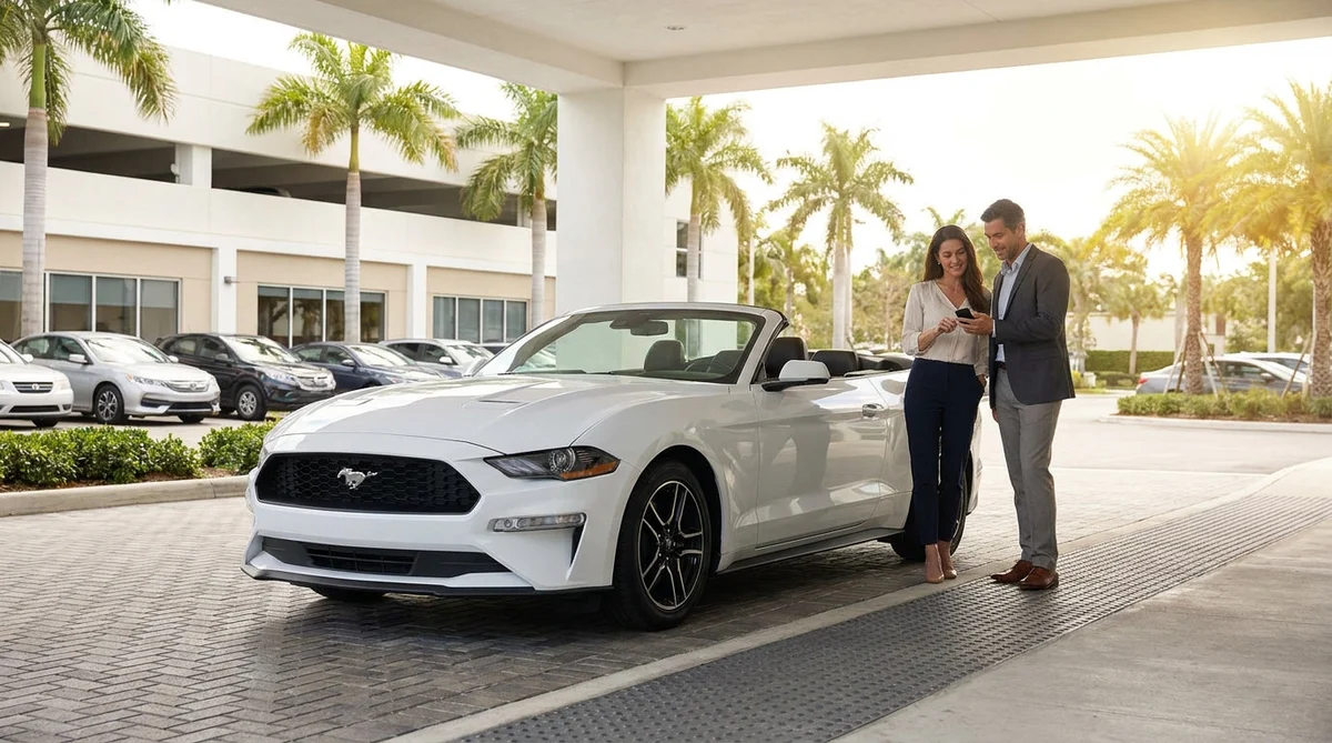 Customer handing a credit card to an agent at a car rental desk in Miami