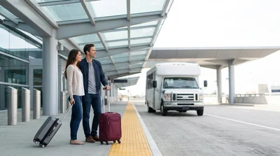 Passengers with luggage boarding a white car rental shuttle bus outside an airport terminal in New York