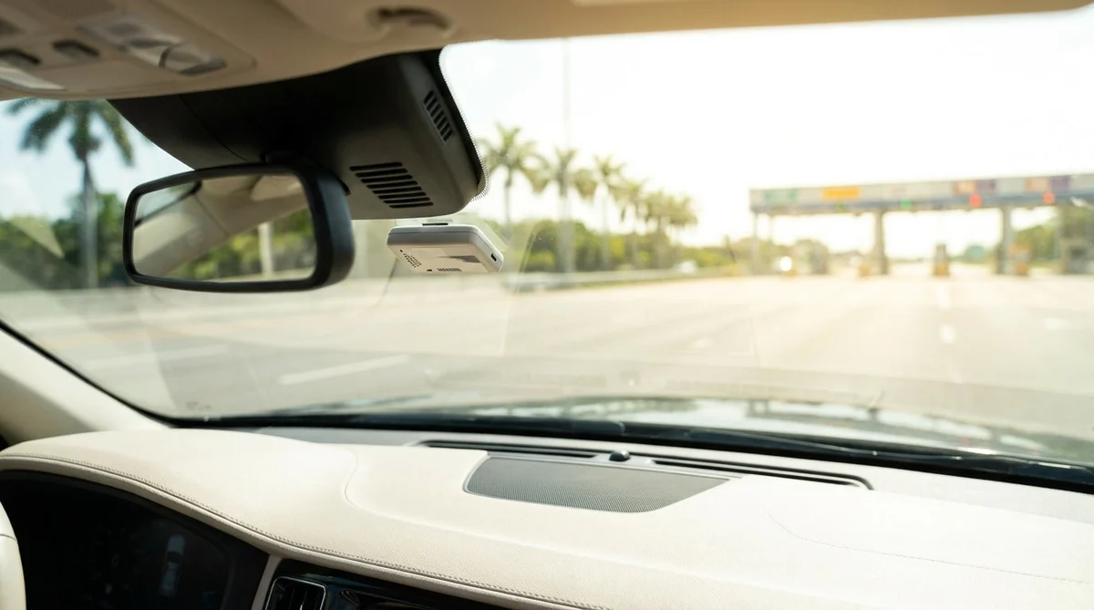 White car rental driving through an automated toll plaza on a sunny highway in Florida