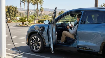 Person using a smartphone beside an electric car rental plugged into a charging station in sunny California
