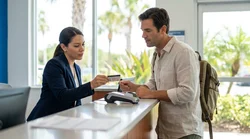 Person presenting a driving licence to an agent at a Florida car rental counter