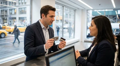Customer handing a credit card to an agent at a car rental desk in New York
